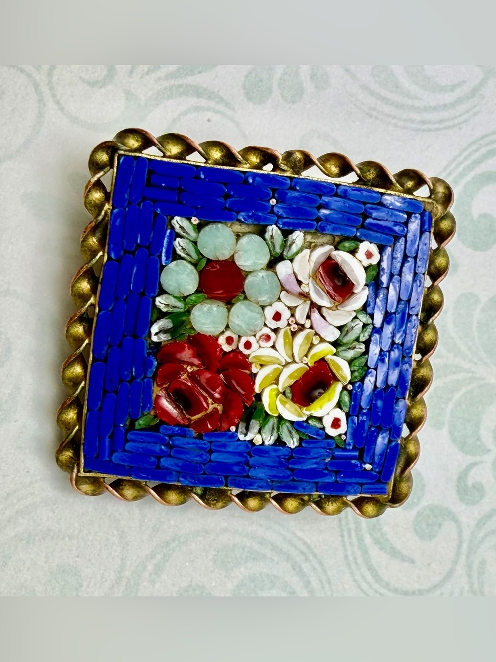 Vintage  Floral Micro Dress Mosaic Brooch in Blue and Multicolor #mo176